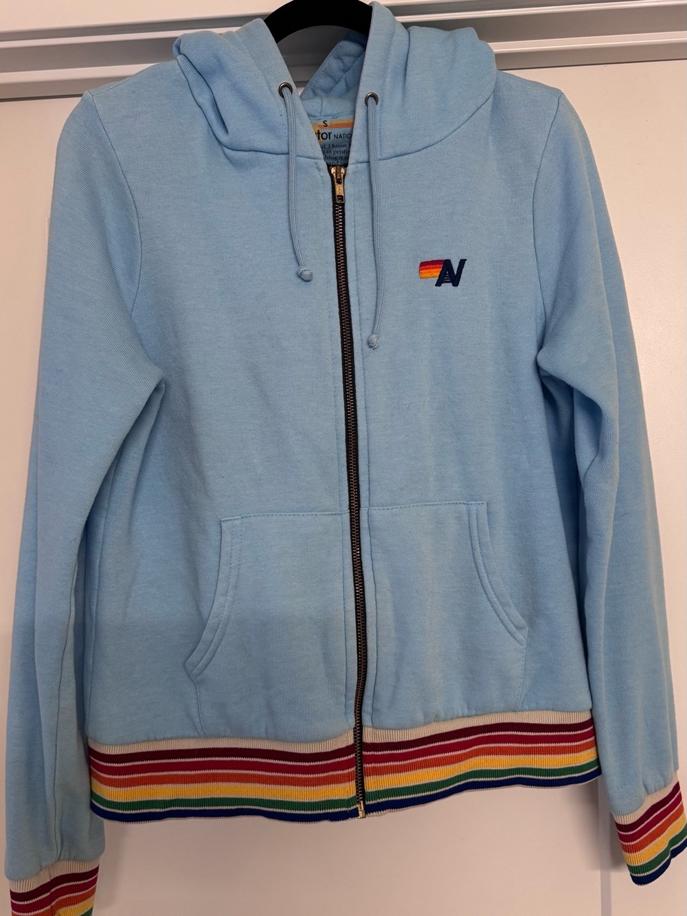 Aviator Nation Light Blue Hooded Zip Jacket with Rainbow Stripe Trim